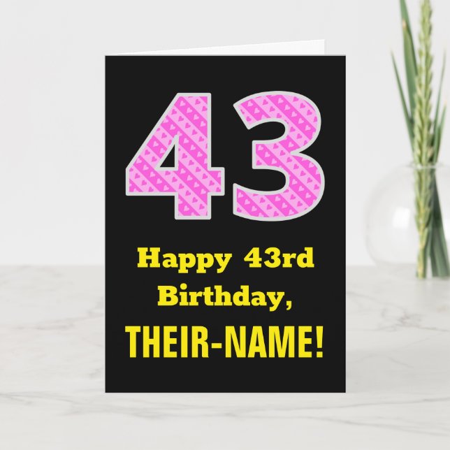 Tarjeta 43 Aniversario: Corazones y franjas rosadas "43" + (Anverso)