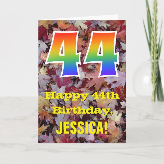 Tarjeta 44º cumpleaños; hojas de otoño rústicas; arco iris (Anverso)