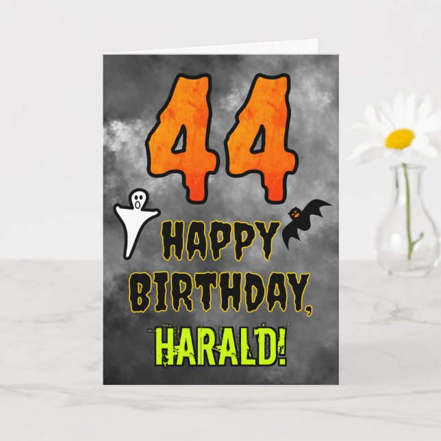 Tarjeta 44º cumpleaños: Tema de Eerie Halloween + nombre p (Planta pequeña)