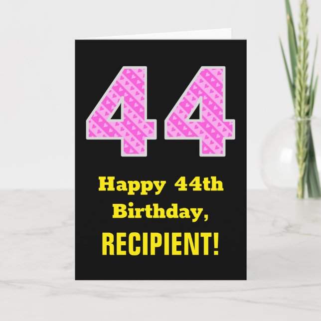 Tarjeta 44 Aniversario: Corazones y franjas rosadas "44" + (Anverso)