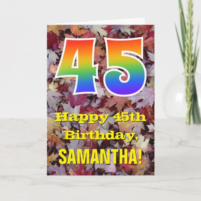 Tarjeta 45º cumpleaños; hojas de otoño rústicas; arco iris (Anverso)