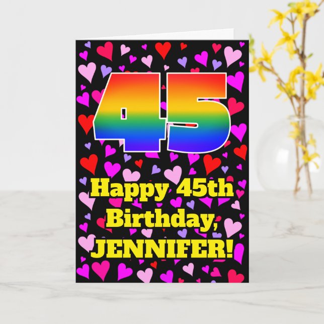 Tarjeta 45º cumpleaños: Patrón de corazones amorosos, arco (flor amarilla)