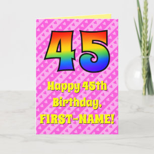 Tarjeta 45º cumpleaños: Rayas y corazones rosados, arcoiri