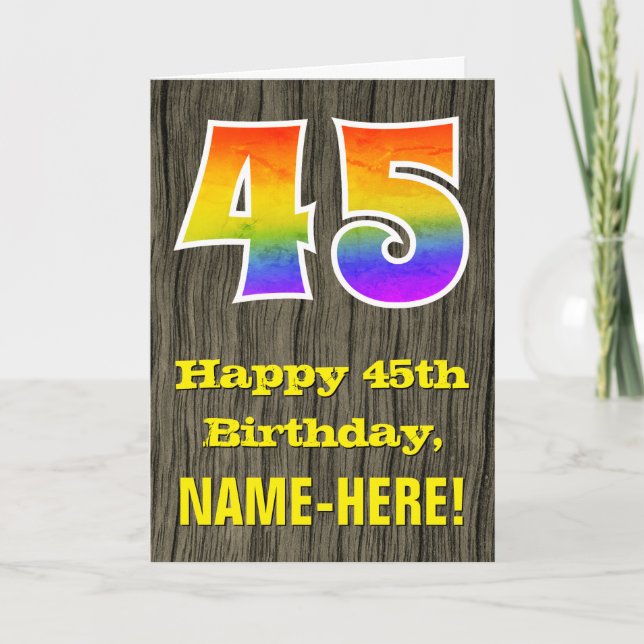 Tarjeta 45º cumpleaños: Rústica apariencia de madera falsa (Anverso)
