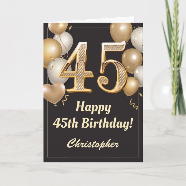 Tarjeta 45.º Confetti de Globos de Oro y Negro (Anverso)