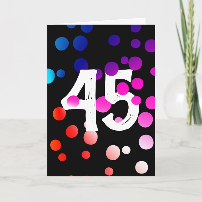 Tarjeta 45.º cumpleaños con puntos arcoiris en negro (Anverso)