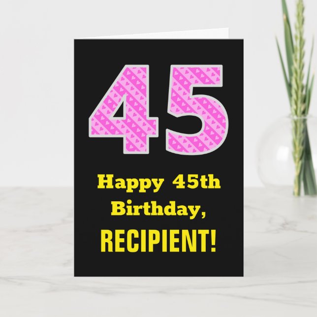 Tarjeta 45 Aniversario: Corazones y franjas rosadas "45" + (Anverso)