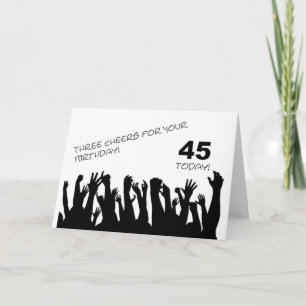 Tarjeta 45° cumpleaños con multitud de personas animadas.