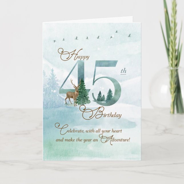 Tarjeta 45th Birthday Evergreen Pines and Deer Nature (Anverso)