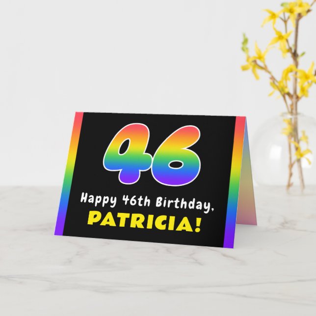 Tarjeta 46º cumpleaños: arcoiris colorido # 46, nombre per (flor amarilla)