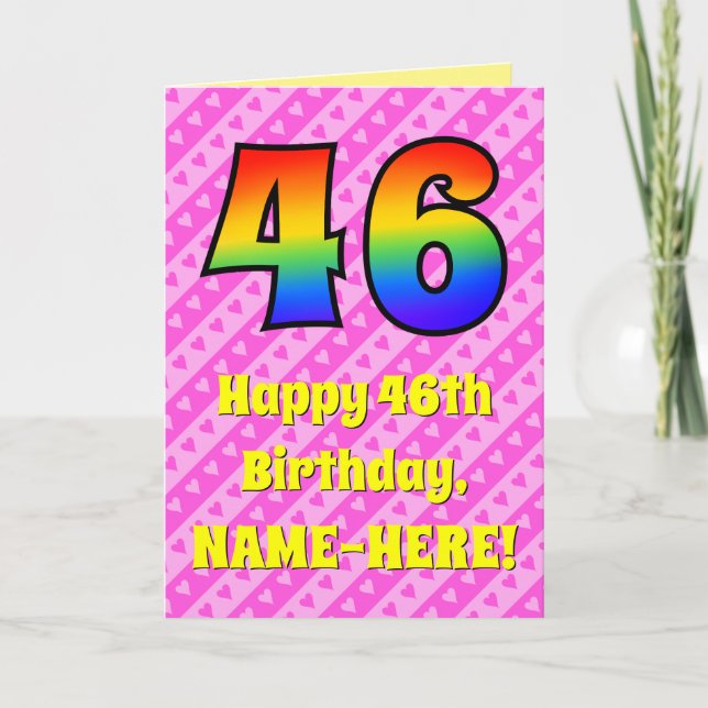Tarjeta 46º cumpleaños: Rayas y corazones rosados, arcoiri (Anverso)