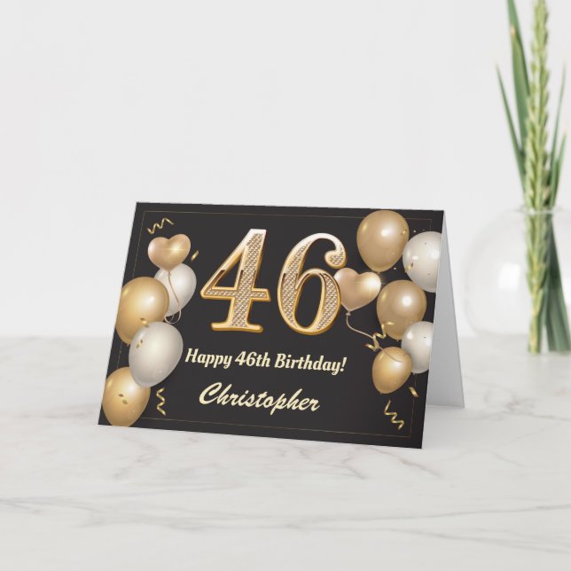 Tarjeta 46.º cumpleaños Globos de Oro y Negro (Anverso)