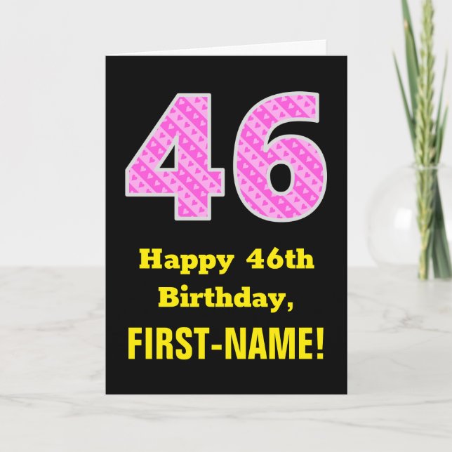 Tarjeta 46 Aniversario: Bandas y corazones rosados "46" +  (Anverso)