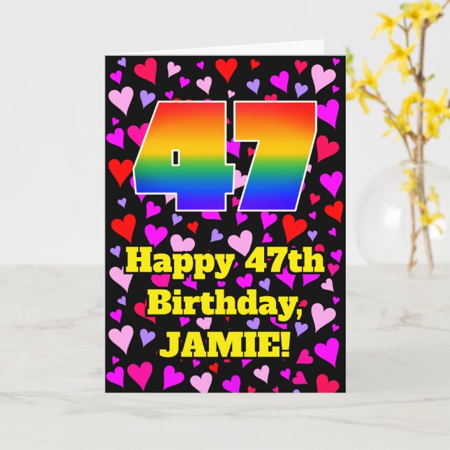Tarjeta 47º cumpleaños: Patrón de corazones amorosos, arco (flor amarilla)