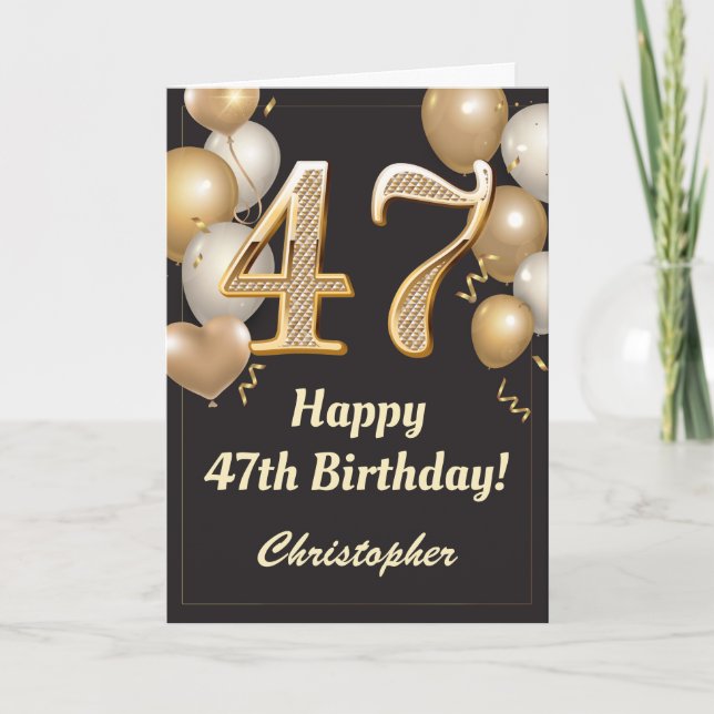 Tarjeta 47.º Confetti de Globos de Oro y Negro (Anverso)