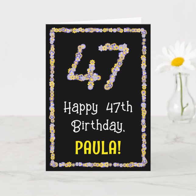 Tarjeta 47.º cumpleaños: Flores florales, nombre personali (Planta pequeña)