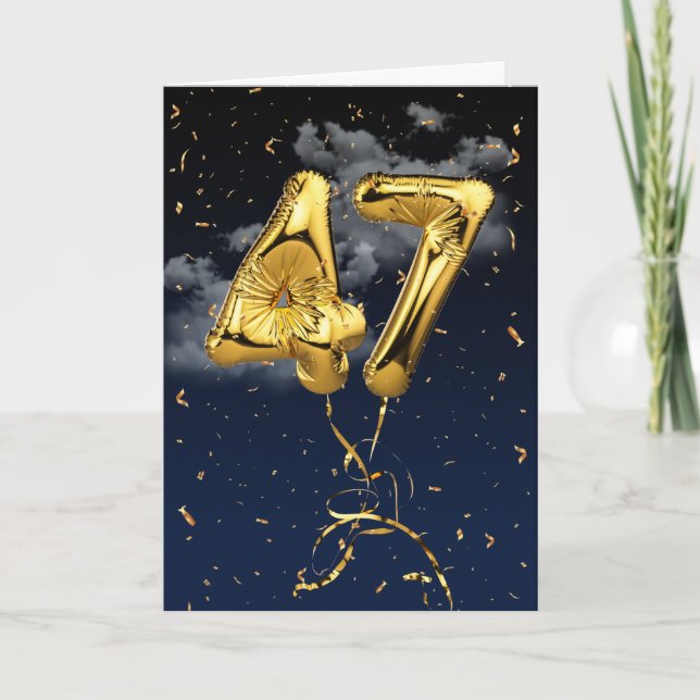 Tarjeta 47.º Relieve metalizado dorado de cumpleaños, glob (Anverso)
