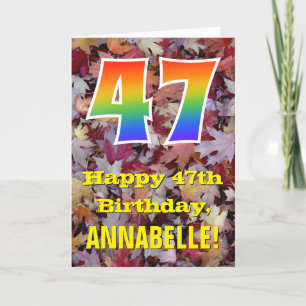 Tarjeta 47° cumpleaños; hojas de otoño rústicas; arco iris