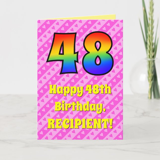 Tarjeta 48º cumpleaños: Rayas y corazones rosados, arcoiri (Anverso)