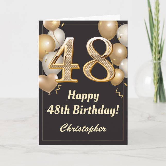 Tarjeta 48.º cumpleaños Confetti de globos negros y de oro (Anverso)