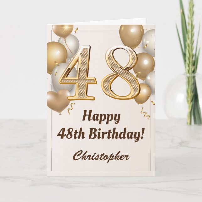 Tarjeta 48.º cumpleaños Globos de oro y cumpleaños de Conf (Anverso)