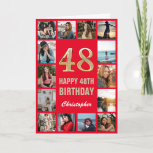Tarjeta 48.º feliz cumpleaños Collage de fotos rojo y oro