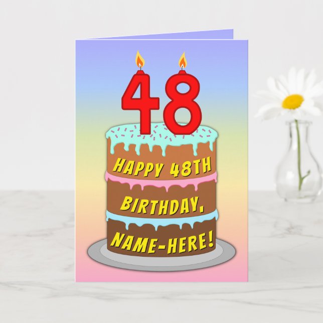 Tarjeta 48th Birthday — Fun Cake & Candles, w/ Custom Name (Planta pequeña)