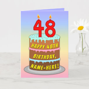 Tarjeta 48th Birthday — Fun Cake & Candles, w/ Custom Name