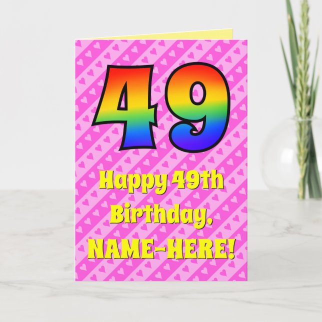 Tarjeta 49º cumpleaños: Rayas y corazones rosados, arcoiri (Anverso)
