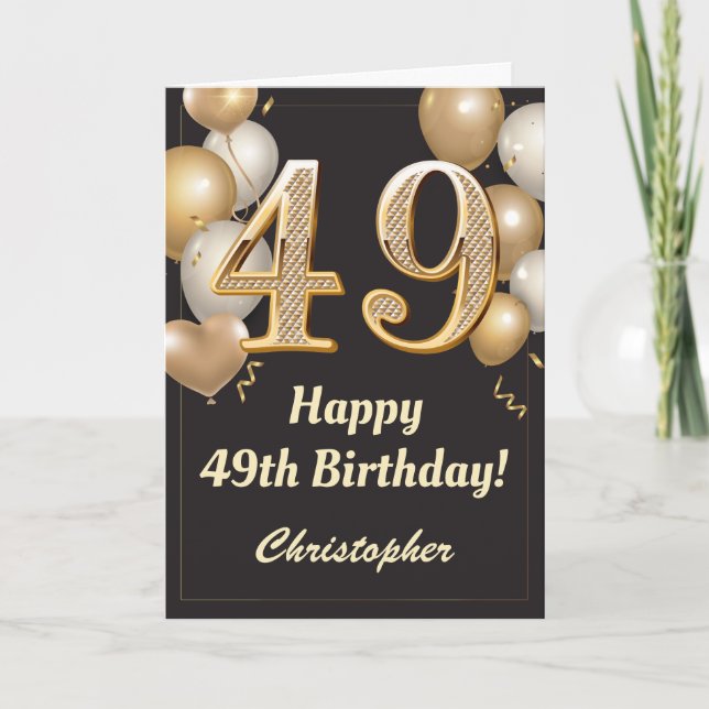 Tarjeta 49.º Confetti de Globos de Oro y Negro (Anverso)