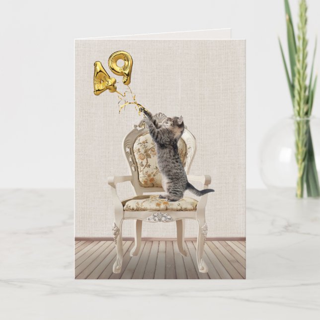 Tarjeta 49.º globo de cumpleaños y gato tabby (Anverso)
