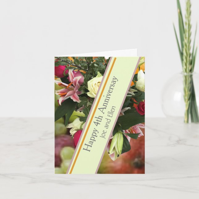 Tarjeta 4.º aniversario Boda Fruta y Flores (Anverso)