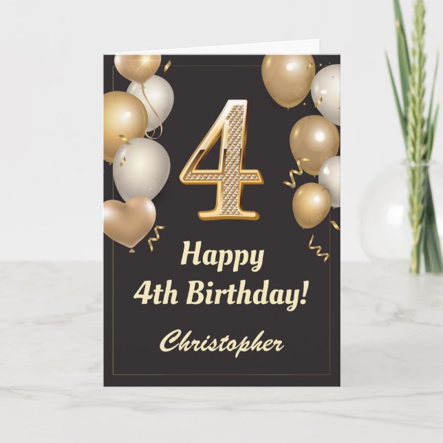 Tarjeta 4.º Confeti de globos de oro y negro (Anverso)