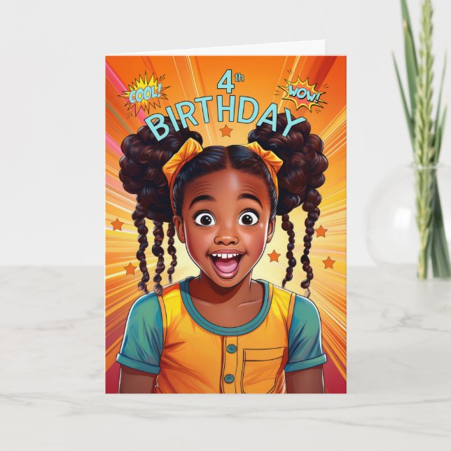 Tarjeta 4.º cumpleaños Chica afroamericano estilo pop (Anverso)