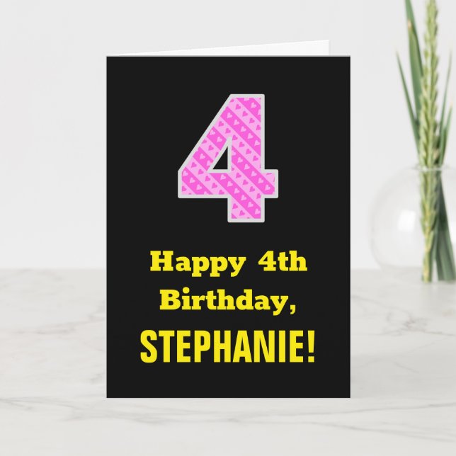Tarjeta 4.º Cumpleaños: Corazones y franjas rosadas "4" +  (Anverso)
