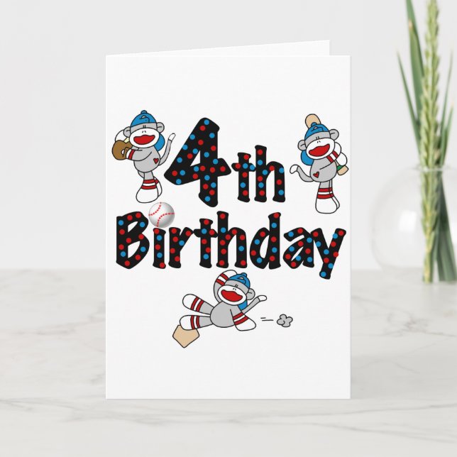 Tarjeta 4.º cumpleaños del Béisbol de los monos Sock (Anverso)