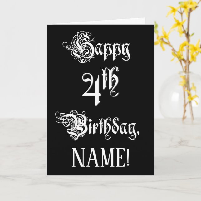 Tarjeta 4.º cumpleaños: Elegante guión + nombre personaliz (flor amarilla)