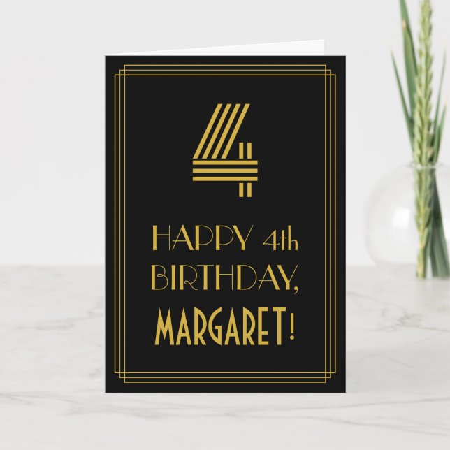 Tarjeta 4.º Cumpleaños: Estilo Art Decó inspirado "4" y no (Anverso)