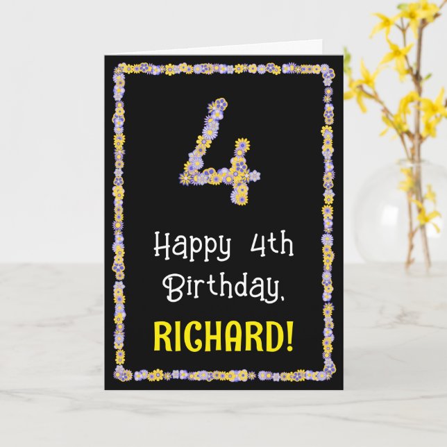 Tarjeta 4.º cumpleaños: Flores florales, nombre personaliz (flor amarilla)