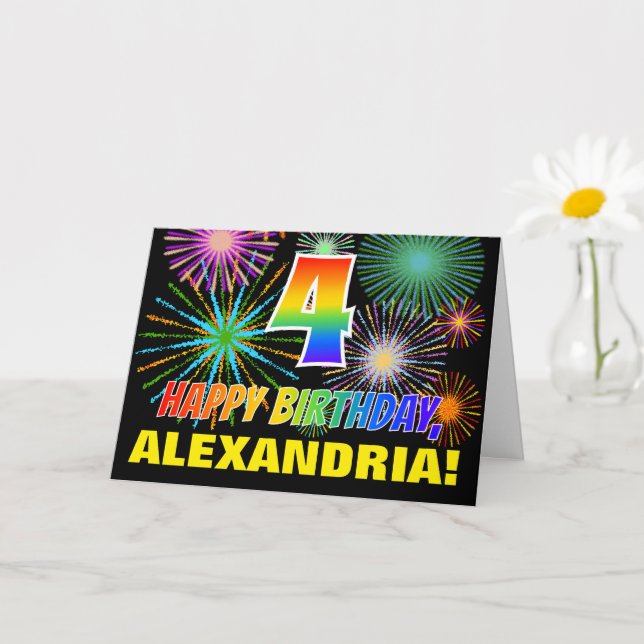 Tarjeta 4.º cumpleaños: Negrita, diversión, fuegos artific (Planta pequeña)