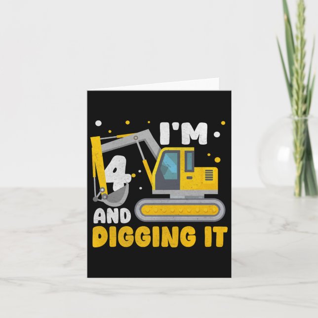 Tarjeta 4.º cumpleaños niño excavador Construcción feliz 4 (Anverso)