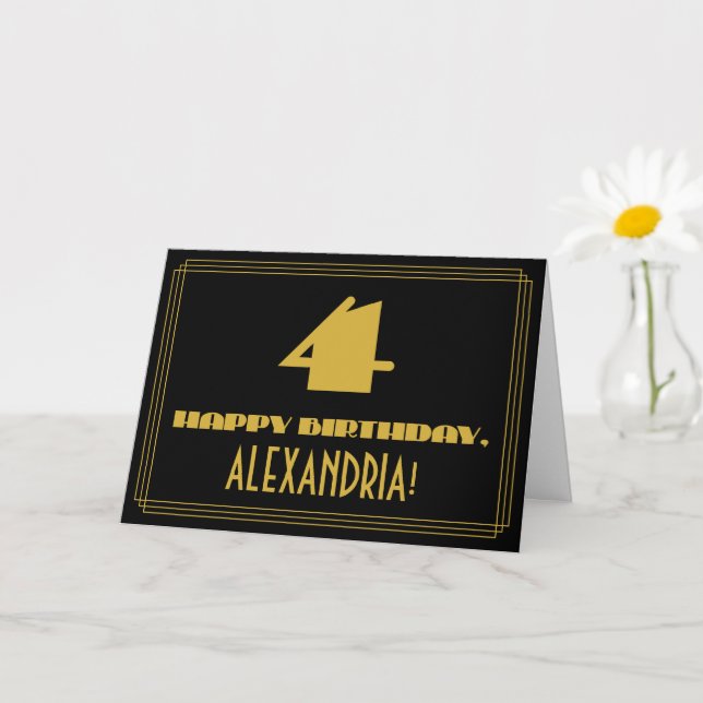 Tarjeta 4.º cumpleaños: Nombre + Art Decó Inspirado Aspect (Planta pequeña)