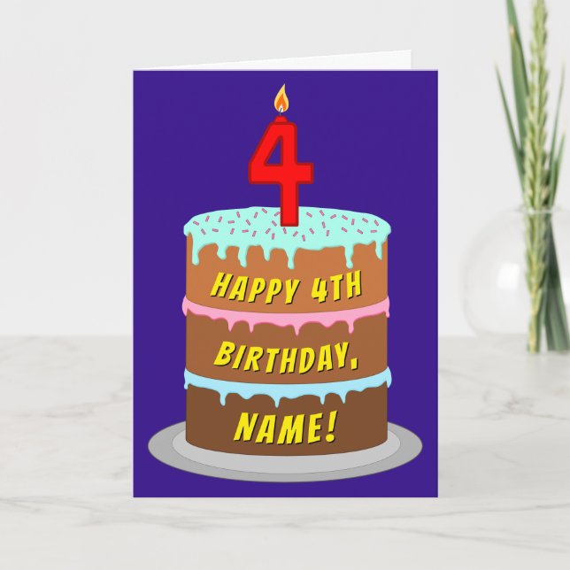 Tarjeta 4.º cumpleaños: Pastel de diversión y velas + nomb (Anverso)