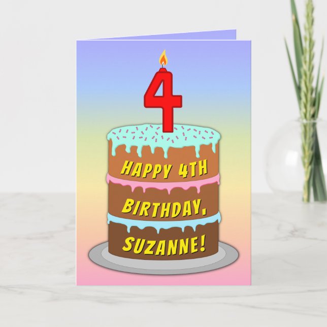Tarjeta 4.º Cumpleaños — Pastel y Vela Divertidos, Con Nom (Anverso)