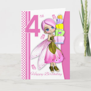 Tarjeta 4.º cumpleaños Tipsy Cake Fantasy Fairy Cutie Pie