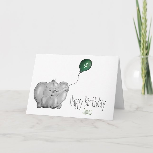 Tarjeta 4.º elefante de cumpleaños con globo verde (Anverso)