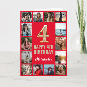 Tarjeta 4.º Feliz Cumpleaños Collage de fotos Rojo y Oro