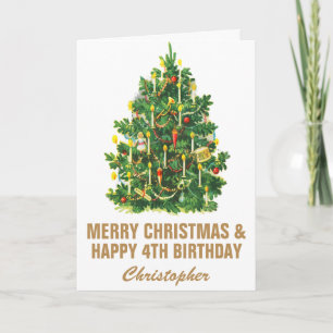 Tarjeta 4.º Feliz Cumpleaños y Feliz Árbol de Navidad