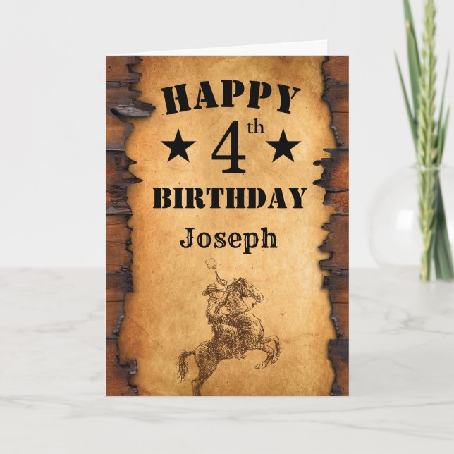 Tarjeta 4.º Rústico País de Cumpleaños Caballo de Vaquero  (Anverso)