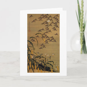 Tarjeta 4. 秋塘群雀図, multitud de gorriones, Jakuchū del 若冲